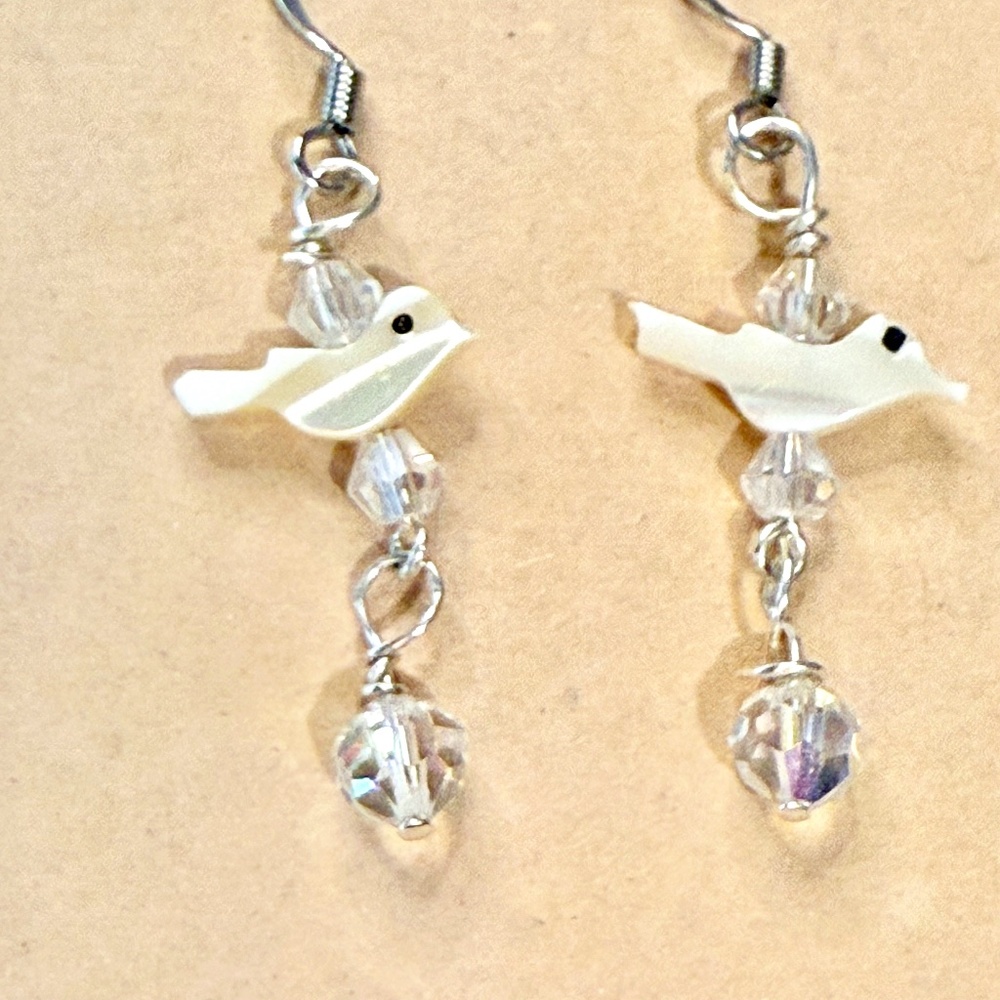 Handcrafted Ivory Colored Glass and Crystal Dangle Earrings